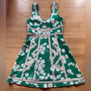 Maeve Anthropologie Green Floral Knit Dress with Cream Lace Trim